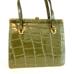 Vintage 60s/70s Green Faux Leather Croc Pattern Top Handle Bag by Freedex-Vintage Handbag, Kelly Bag-Brand Spanking Vintage
