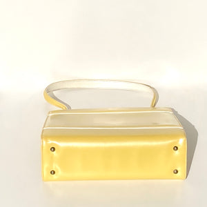 Vintage 60s Rayne Yellow/White Pearlescent Leather Top Handle Handbag Silk Coin Purse-Vintage Handbag, Top Handle Bag-Brand Spanking Vintage