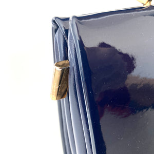 Vintage 60s/70s Royal Blue Navy Patent Leather Top Handle Bag w/ Purse By Waldybag-Vintage Handbag, Top Handle Bag-Brand Spanking Vintage