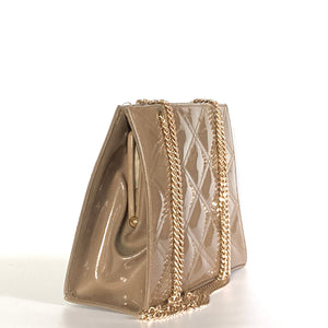 Vintage 80s Taupe/Mushroom Quilted Patent Leather Chain Handle Bag by Jane Shilton-Vintage Handbag, Clutch Bag-Brand Spanking Vintage
