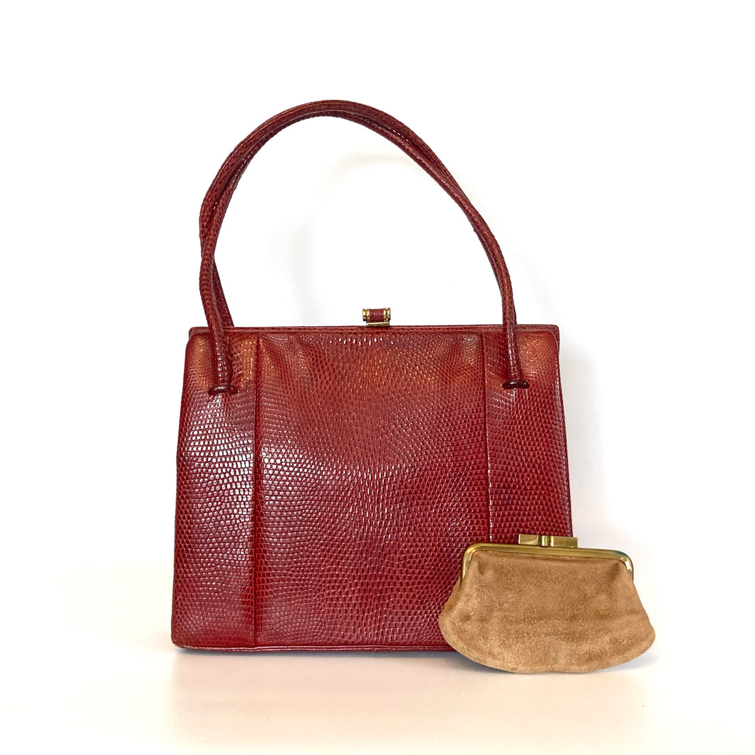 Vintage 60s/70s Rare Raspberry Red Lizard Skin Handbag w/ Coin Purse By Waldybag-Vintage Handbag, Exotic Skins-Brand Spanking Vintage