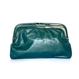 Vintage 70s Forest Green Leather Clutch Bag Green Lucite Frame/Clasp Made in Italy-Vintage Handbag, Clutch Bag-Brand Spanking Vintage