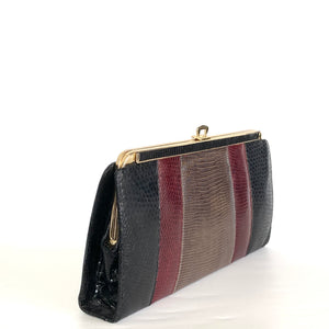 Vintage 70s/80s Clutch Bag In Black/Taupe/Burgundy Lizard Skin w/ Optional Gilt Handle and Chain Made in England-Vintage Handbag, Clutch bags-Brand Spanking Vintage