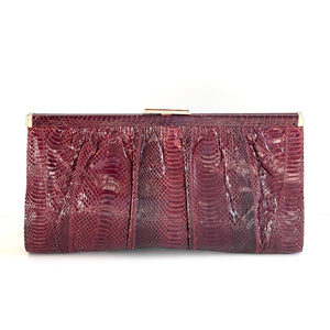 Vintage 70s Burgundy Red Snakeskin Clutch Bag, w/ Gilt Fold Out Handle-Vintage Handbag, Clutch Bag-Brand Spanking Vintage