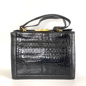 Vintage 80s Large Black Caiman Crocodile Skin Box Bag Tote Bag Overnight Bag W/Lock/Key Gilt Clasp Made in France-Vintage Handbag, Large Handbag-Brand Spanking Vintage