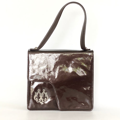 Vintage 60s/70s Classic Dainty Dark Chestnut Brown Patent Leather Top Handle Bag By Waldybag-Vintage Handbag, Kelly Bag-Brand Spanking Vintage