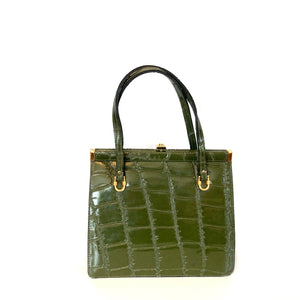 Vintage 60s/70s Green Faux Leather Croc Pattern Top Handle Bag by Freedex-Vintage Handbag, Kelly Bag-Brand Spanking Vintage