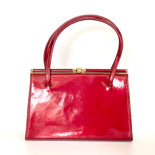 Vintage 60s/70s Cherry Red Patent Leather Top Handle Bag By Holmes Of Norwich-Vintage Handbag, Top Handle Bag-Brand Spanking Vintage