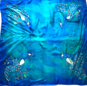 Large Vintage 80s Silk Scarf in Rich Turquoise Blue Hand Painted Tie Dyed-Scarves-Brand Spanking Vintage