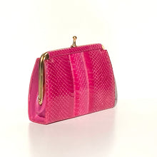 Load image into Gallery viewer, Vintage Fuchsia Pink Snakeskin Clutch Bag with Fold In Chain and Leather Lining Made in England-Vintage Handbag, Exotic Skins-Brand Spanking Vintage
