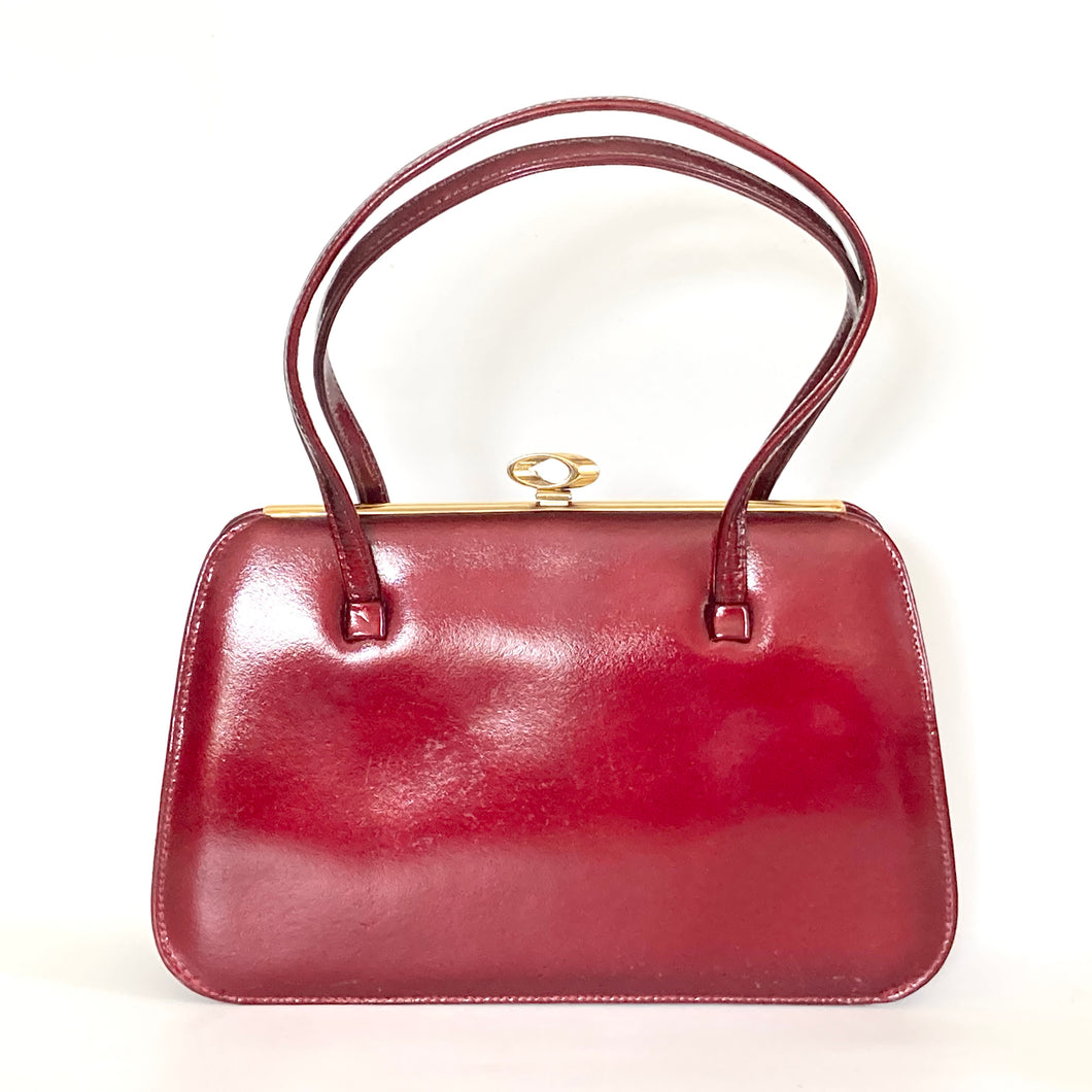 Vintage 60s/70s Cherry Wine Red Patent Leather Top Handle Bag By Holmes Of Norwich-Vintage Handbag, Top Handle Bag-Brand Spanking Vintage