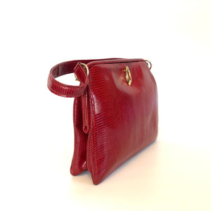 Vintage Fabulous 50s Dainty Dark Raspberry Red Lizard Skin Top Handle Bag-Vintage Handbag, Exotic Skins-Brand Spanking Vintage