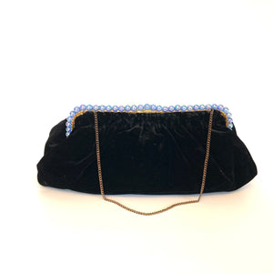 RESERVED Vintage 50s Luxurious Black Silk Velvet, Blue Pearl Clasp Waldybag Evening Bag w/ Silk Coin Purse-Vintage Handbag, Evening Bag-Brand Spanking Vintage