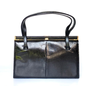 Vintage 60s/70s Black Lizard Skin Top Handle Bag w/Gilt Clasp And Matching Lizard Wallet By Mappin & Webb-Vintage Handbag, Exotic Skins-Brand Spanking Vintage