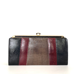 Vintage 70s/80s Clutch Bag In Black/Taupe/Burgundy Lizard Skin w/ Optional Gilt Handle and Chain Made in England-Vintage Handbag, Clutch bags-Brand Spanking Vintage