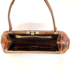Vintage 50s Monitor/Ring Lizard Skin Handbag, Top Handle Bag w/ Gilt Clasp-Vintage Handbag, Exotic Skins-Brand Spanking Vintage