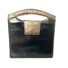 Load image into Gallery viewer, Vintage 70s/80s Black and Bronze Leather Faux Snake Handle Handbag by Renata Made in Italy-Vintage Handbag, Top Handle Bag-Brand Spanking Vintage
