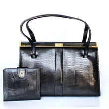 Load image into Gallery viewer, Vintage 60s/70s Black Lizard Skin Top Handle Bag w/Gilt Clasp And Matching Lizard Wallet By Mappin &amp; Webb-Vintage Handbag, Exotic Skins-Brand Spanking Vintage
