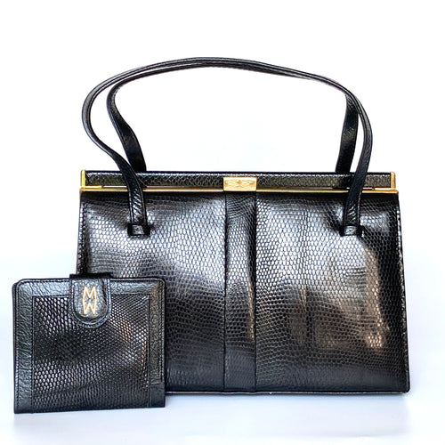 Vintage 60s/70s Black Lizard Skin Top Handle Bag w/Gilt Clasp And Matching Lizard Wallet By Mappin & Webb-Vintage Handbag, Exotic Skins-Brand Spanking Vintage