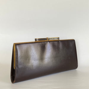 Vintage Elegant 40s/50s Brown Leather Clutch Waldybag Occasion/Evening Bag Bow Clasp and Silk Purse-Vintage Handbag, Clutch Bag-Brand Spanking Vintage
