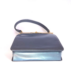 Vintage Handbag 50s/60s In Grey Pearlescent Leather w/ Coin Purse and Bow Clasp by Lodix-Vintage Handbag, Top Handle Bag-Brand Spanking Vintage