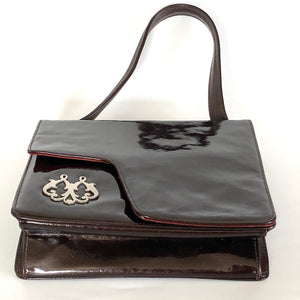 Vintage 60s/70s Classic Dainty Dark Chestnut Brown Patent Leather Top Handle Bag By Waldybag-Vintage Handbag, Kelly Bag-Brand Spanking Vintage