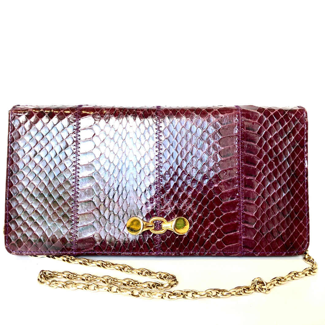 Vintage Burgundy/Purple Snakeskin & Leather Clutch/Chain Bag by Jane Shilton-Vintage Handbag, Clutch bags-Brand Spanking Vintage