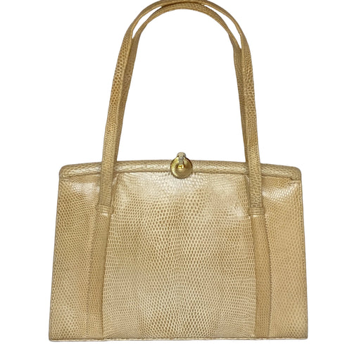 Vintage 50s/60s Dainty Buttercream Lizard Skin Top Handle Bag by Marquessa Made in England-Vintage Handbag, Exotic Skins-Brand Spanking Vintage