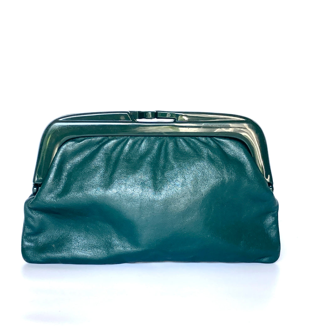 Vintage 70s Forest Green Leather Clutch Bag Green Lucite Frame Clasp M Brand Spanking Vintage