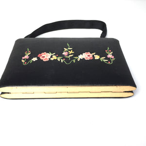 Adorable Vintage 40s/50s Black Satin Embroidered Minaudiere Carry All Evening Bag Werber WW Paris-Vintage Handbag, Evening Bag-Brand Spanking Vintage