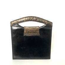 Load image into Gallery viewer, Vintage 70s/80s Black and Bronze Leather Faux Snake Handle Handbag by Renata Made in Italy-Vintage Handbag, Top Handle Bag-Brand Spanking Vintage
