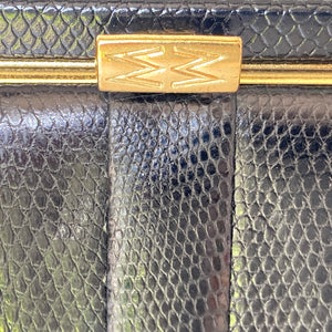 Vintage 60s/70s Black Lizard Skin Top Handle Bag w/Gilt Clasp And Matching Lizard Wallet By Mappin & Webb-Vintage Handbag, Exotic Skins-Brand Spanking Vintage