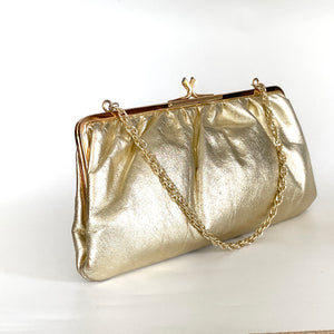Vintage 60s Gold Leather Evening/Occasion Bag w Chain-Vintage Handbag, Evening Bag-Brand Spanking Vintage
