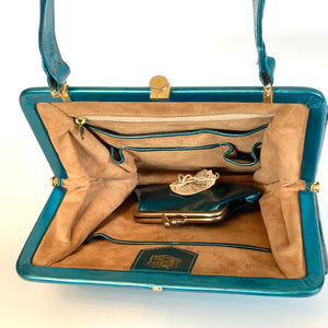Vintage 50s Beautiful 'Kingfisher' Turquoise Blue Green Pearlescent Bag with Matching Purse by Lodix-Vintage Handbag, Top Handle Bag-Brand Spanking Vintage