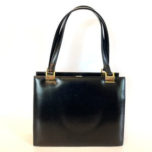 Vintage 60s/70s Classic Black Leather Handbag By Royal Warrant Holder Rayne-Vintage Handbag, Top Handle Bag-Brand Spanking Vintage