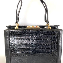 Load image into Gallery viewer, Vintage 80s Large Black Caiman Crocodile Skin Box Bag Tote Bag Overnight Bag W/Lock/Key Gilt Clasp Made in France-Vintage Handbag, Large Handbag-Brand Spanking Vintage
