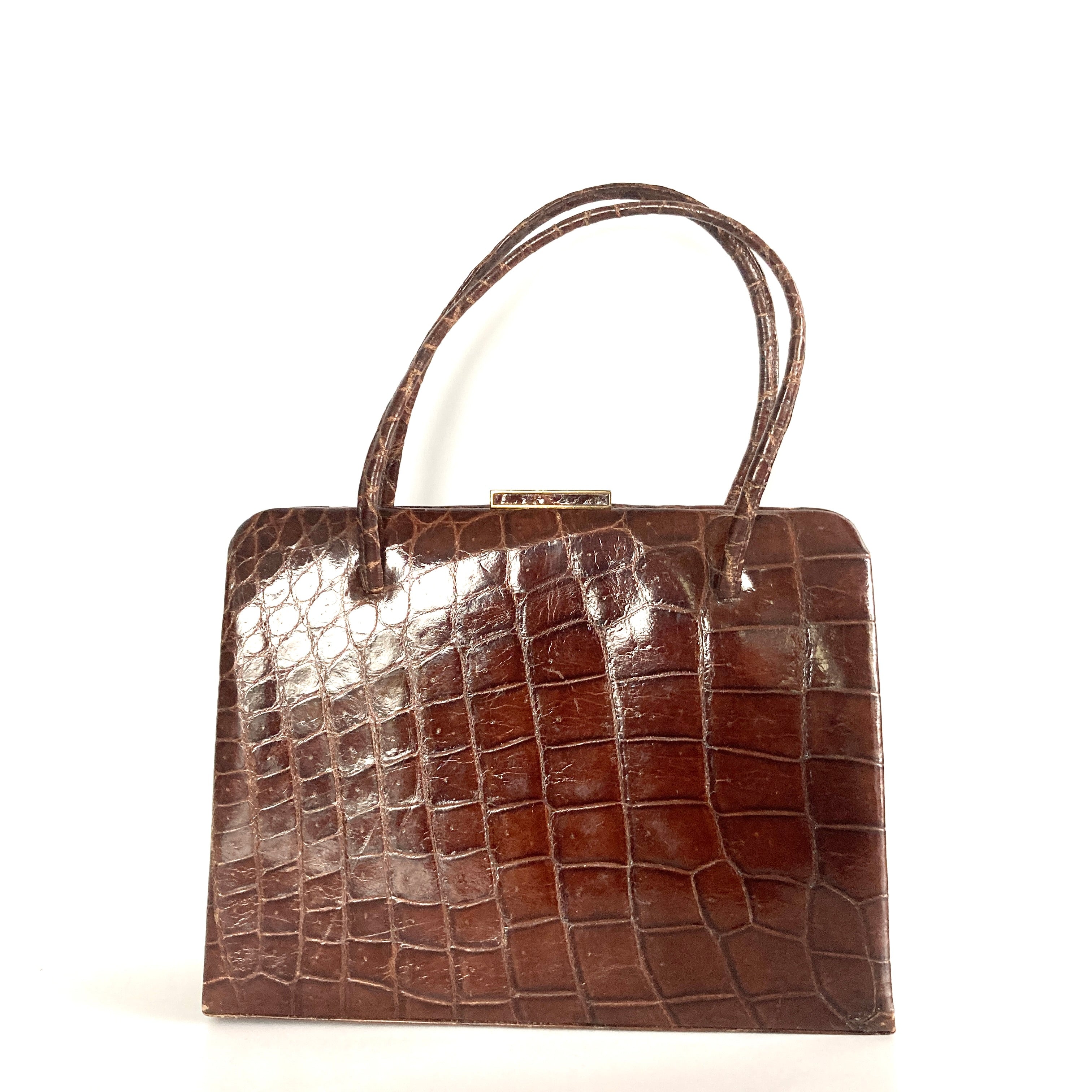 Vintage 60s Slim Dark Chestnut Brown Crocodile Skin Handbag Made