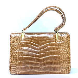 Vintage Caramel Porosus Crocodile Skin Handbag w/ Cream Leather Lining By Riviera Made In England-Vintage Handbag, Exotic Skins-Brand Spanking Vintage