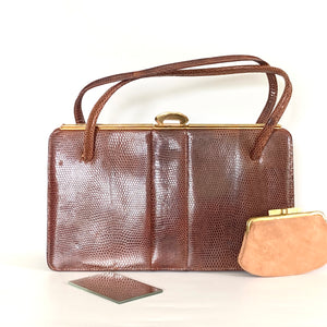 Vintage 60s Milk Chocolate Brown Lizard Skin Classic Twin Handle Handbag with Matching Coin Purse-Vintage Handbag, Exotic Skins-Brand Spanking Vintage