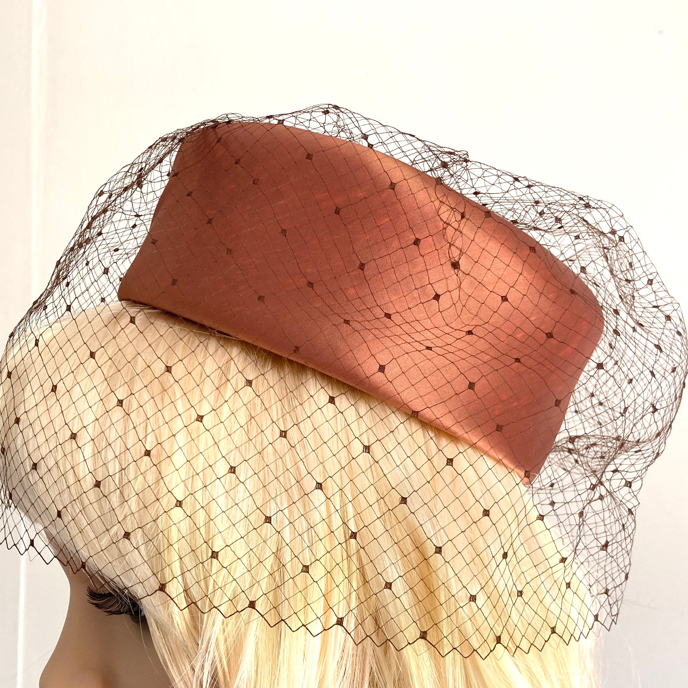 Vintage 50s 60s Bronze/ Copper Brown Pill Box Hat w/ Veil 
