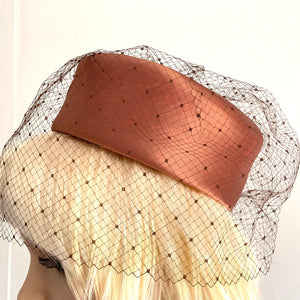 Vintage 50s 60s Bronze/ Copper Brown Pill Box Hat w/ Veil-Accessories, For Her-Brand Spanking Vintage