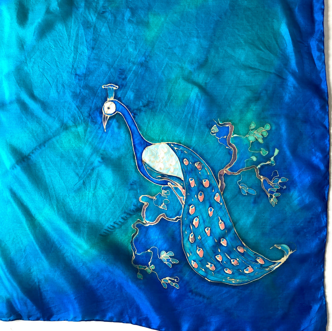 Large Vintage 80s Silk Scarf in Rich Turquoise Blue Hand Painted Tie Dyed-Scarves-Brand Spanking Vintage