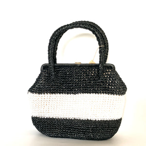 Vintage 60s Large Black Raffia Style Handbag/Top Handle w/Gilt Clasp by Rubella-Vintage Handbag, Dolly Bag-Brand Spanking Vintage