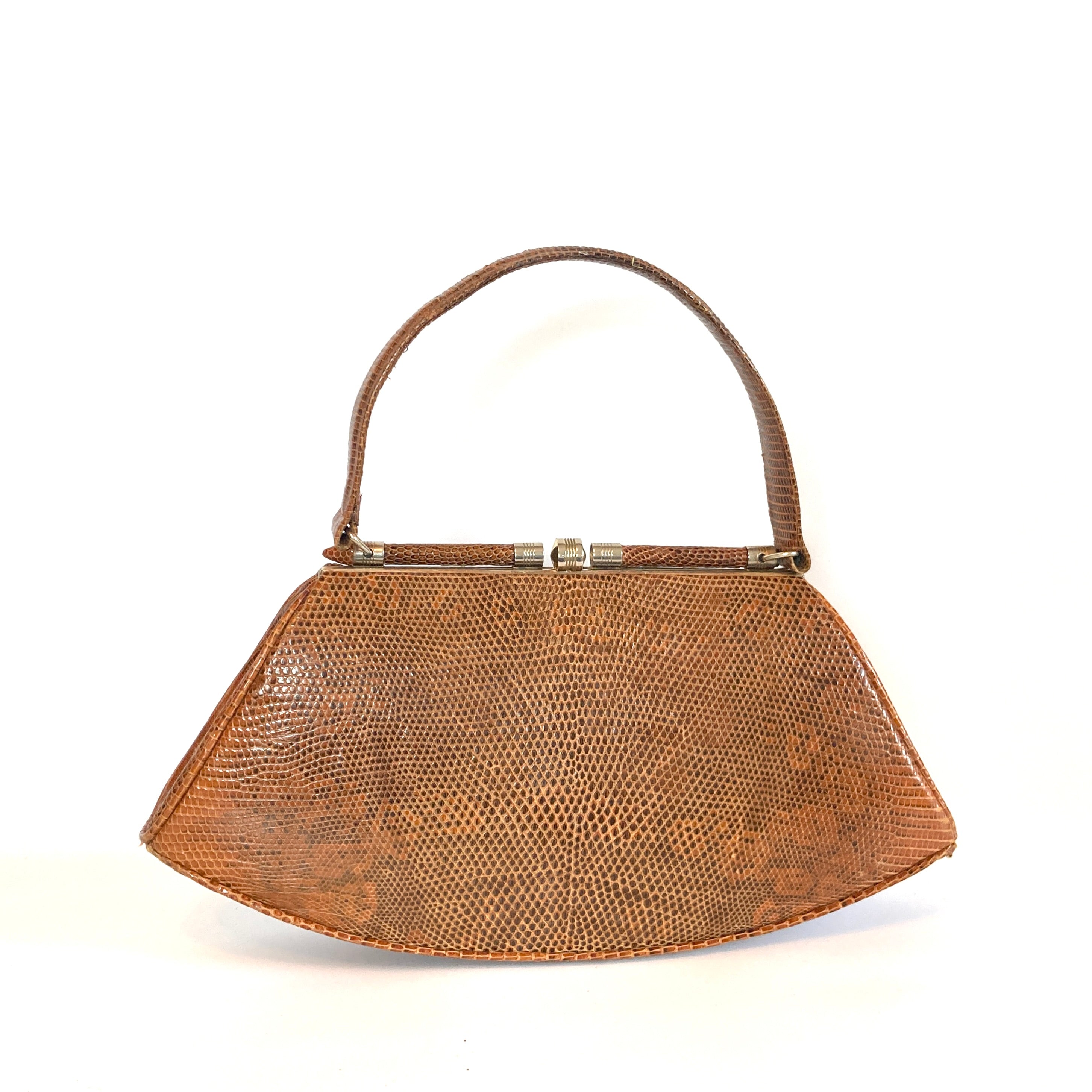 Vintage Leather Lizard Skin Purse Handbag Reptile Bag Structured Hardware 1940s Top Handle Bag Dark Brown Leather on sale Brass Bags by Marquise