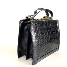 Load image into Gallery viewer, Vintage 80s Large Black Caiman Crocodile Skin Box Bag Tote Bag Overnight Bag W/Lock/Key Gilt Clasp Made in France-Vintage Handbag, Large Handbag-Brand Spanking Vintage
