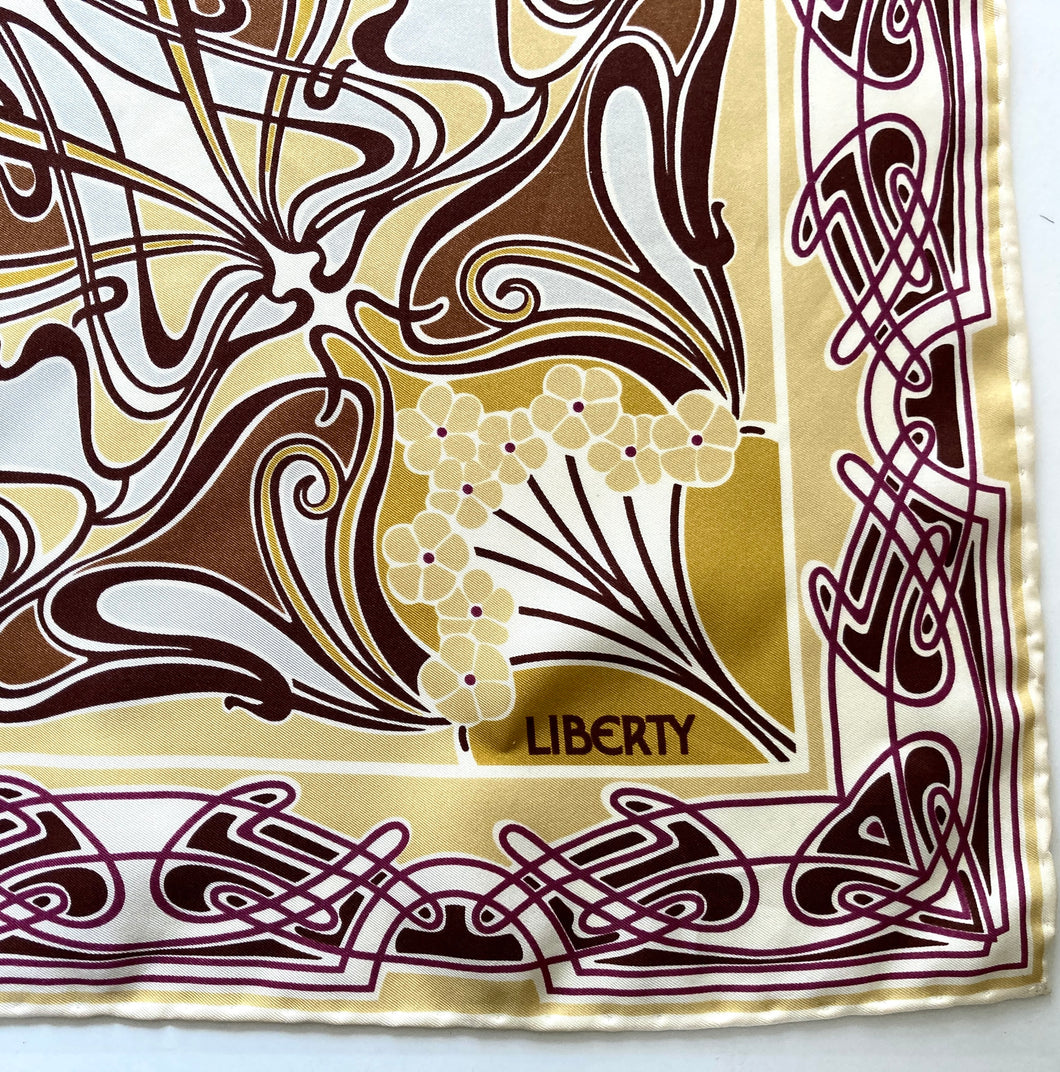 Large Liberty of London Silk Scarf in Ianthe Design in Gold, Yellow, Copper Brown, Plum and Ivory-Scarves-Brand Spanking Vintage