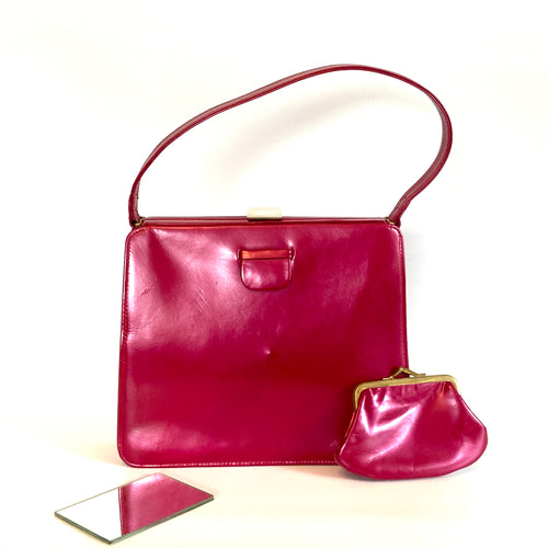 Vintage 50s Fuchsia Pink Pearlescent Leather Handbag with Matching Purse by Lodix-Vintage Handbag, Top Handle Bag-Brand Spanking Vintage