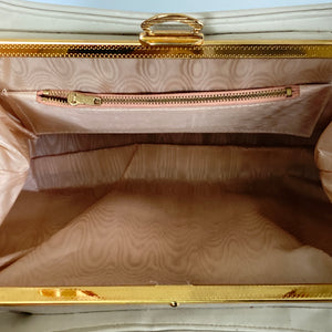 Vintage 60s/70s Handbag In Ivory/Cream Faux Leather With Lucite Tortoiseshell Handle-Vintage Handbag, Large Handbag-Brand Spanking Vintage
