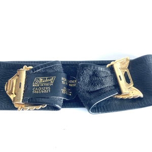 Vintage 70s Black Leather Belt with Gilt And Faux Diamond Belt-Accessories, For Her-Brand Spanking Vintage