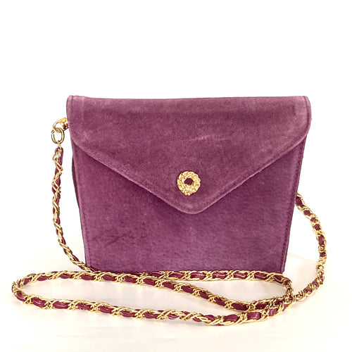 RESERVED Vintage 80s Dainty Purple/Magenta Suede Shoulder / Clutch Bag With Optional Long Gilt/Suede Chain Tula Hudson's Wolverhampton-Vintage Handbag, Clutch Bag-Brand Spanking Vintage